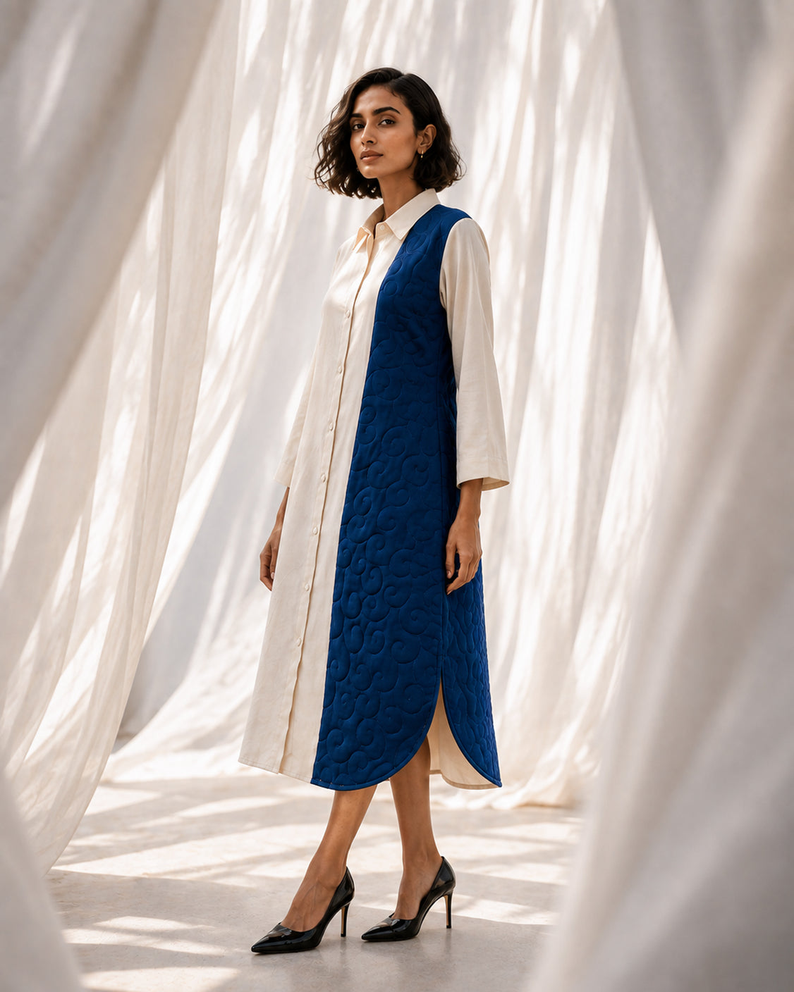 The Blue Path — Ivory & Deep Blue Pashmina Dress