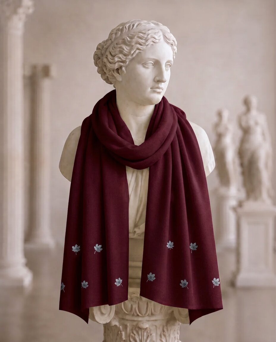 Maroon Cotton Pashmina Hand Painted Chinar Patta Scarf