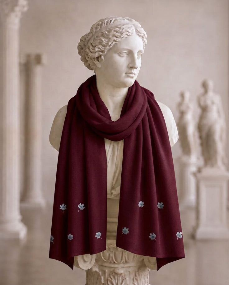Maroon Cotton Pashmina Hand Painted Chinar Patta Scarf