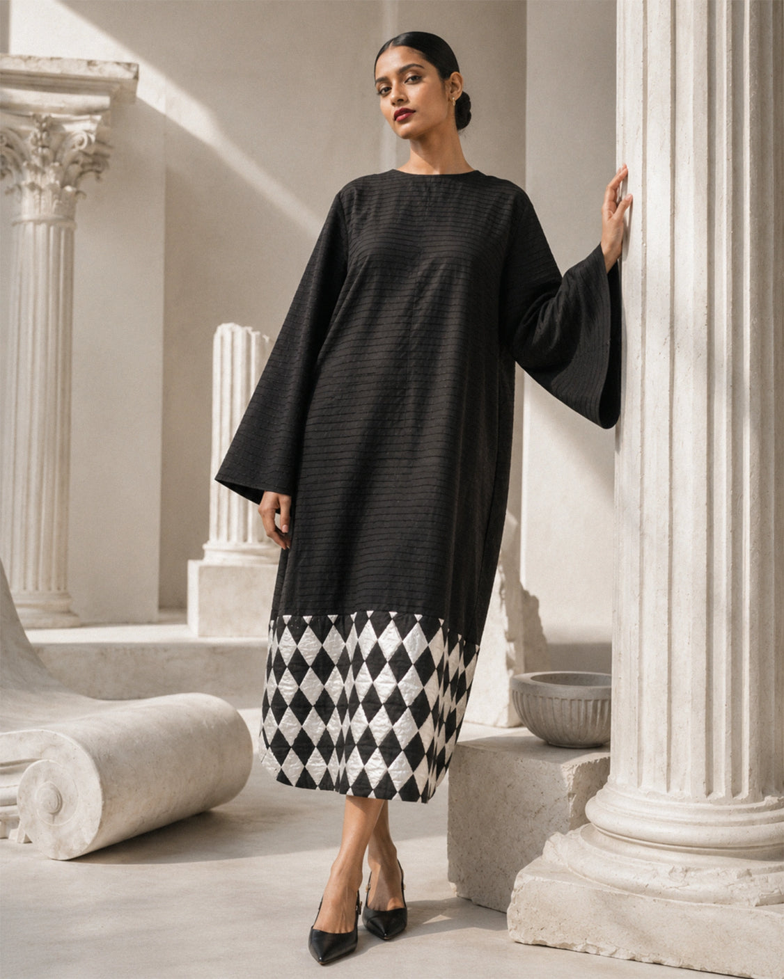 Charcoal Black Embroidery & Silver Printed Cotton Dress