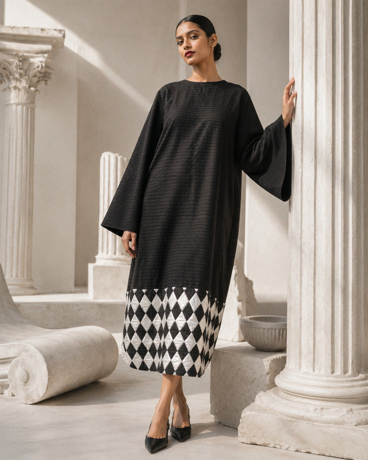 Charcoal Black Embroidery & Silver Printed Cotton Dress