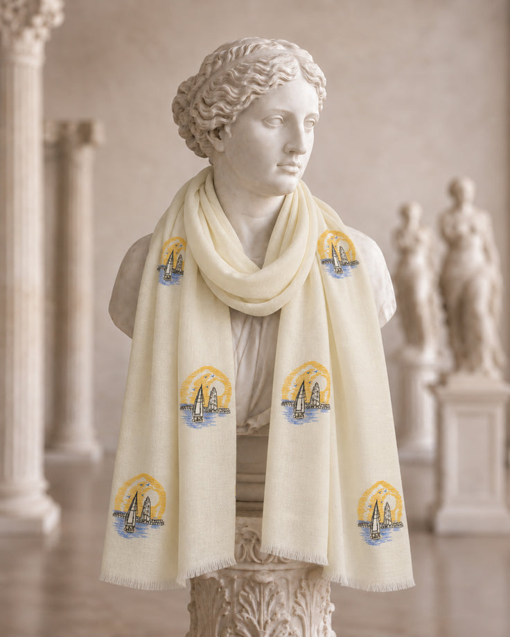 Off-White Pure Pashmina Light House Handpainted Scarf