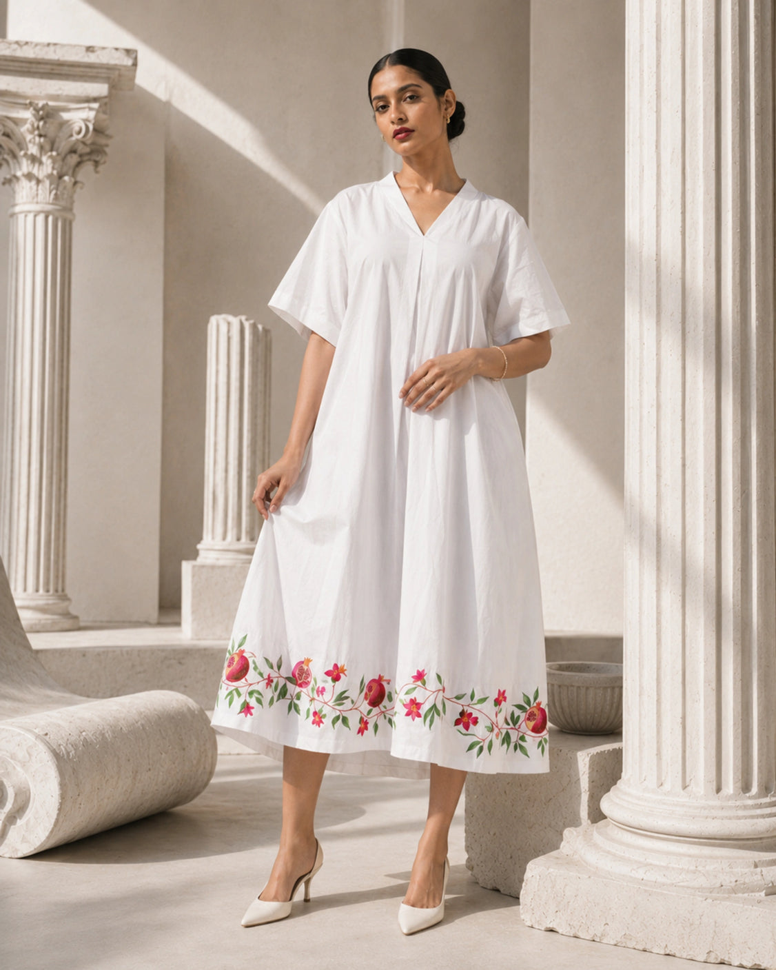 Ivory Pomegranate Hem Handpainted Cotton Dress