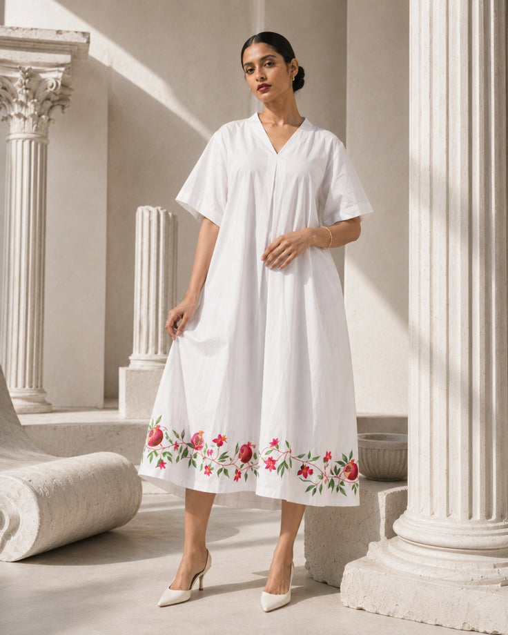 Ivory Pomegranate Hem Handpainted Cotton Dress