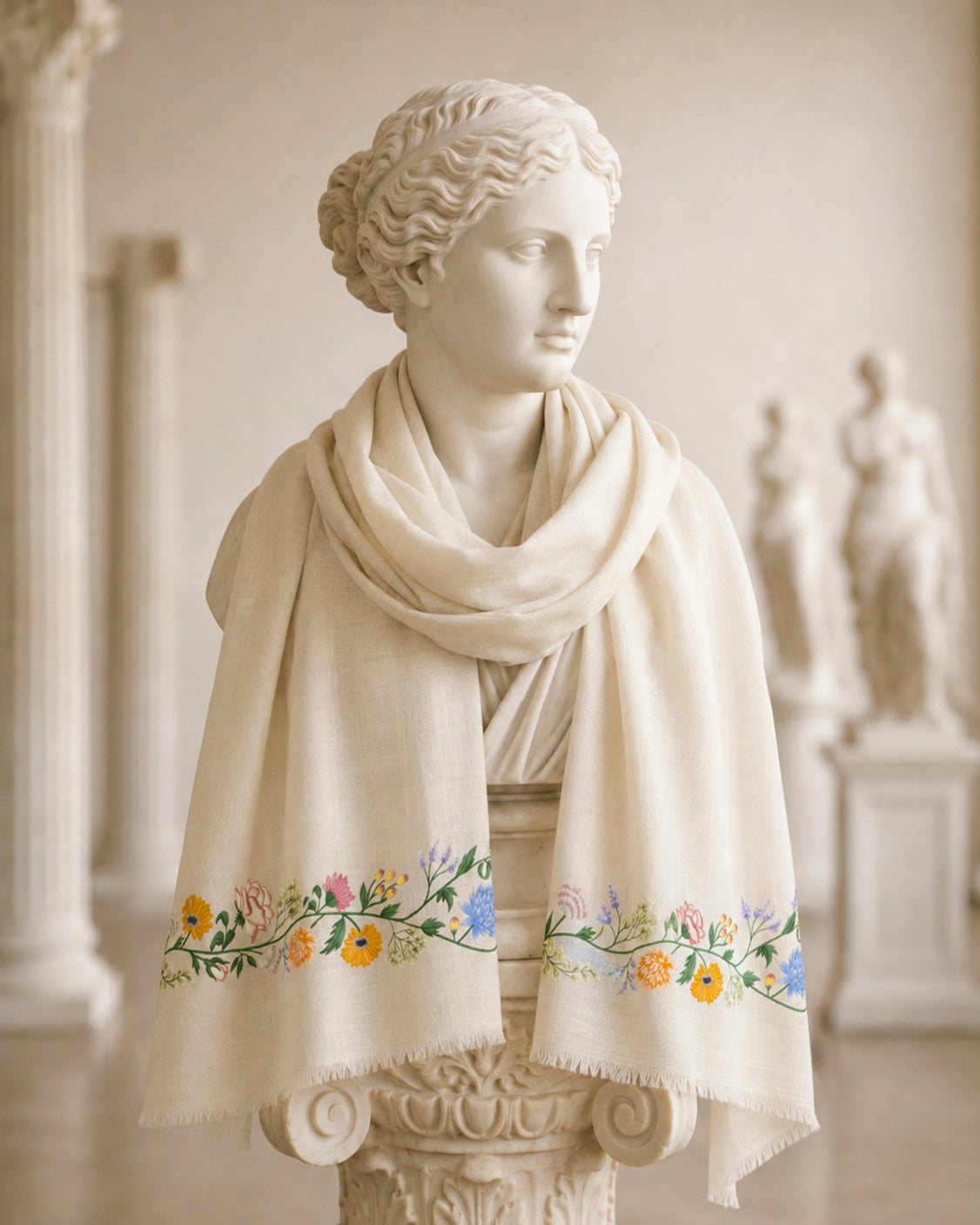Floral Off White Fine Wool Scarf - 2 borders