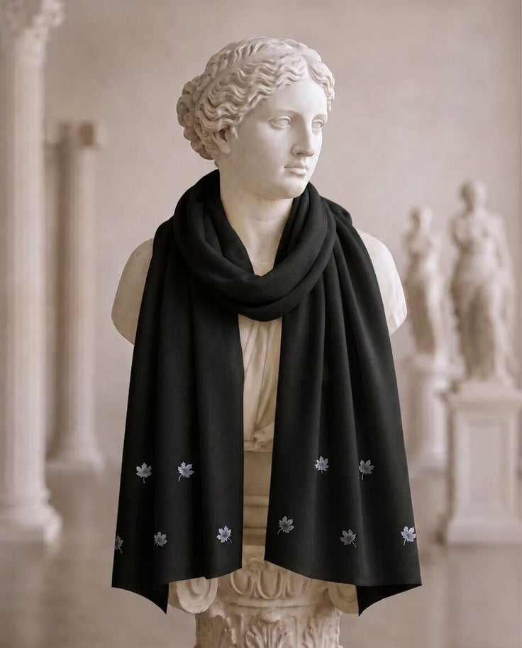 Black Cotton Pashmina Hand Painted Chinar Patta Scarves