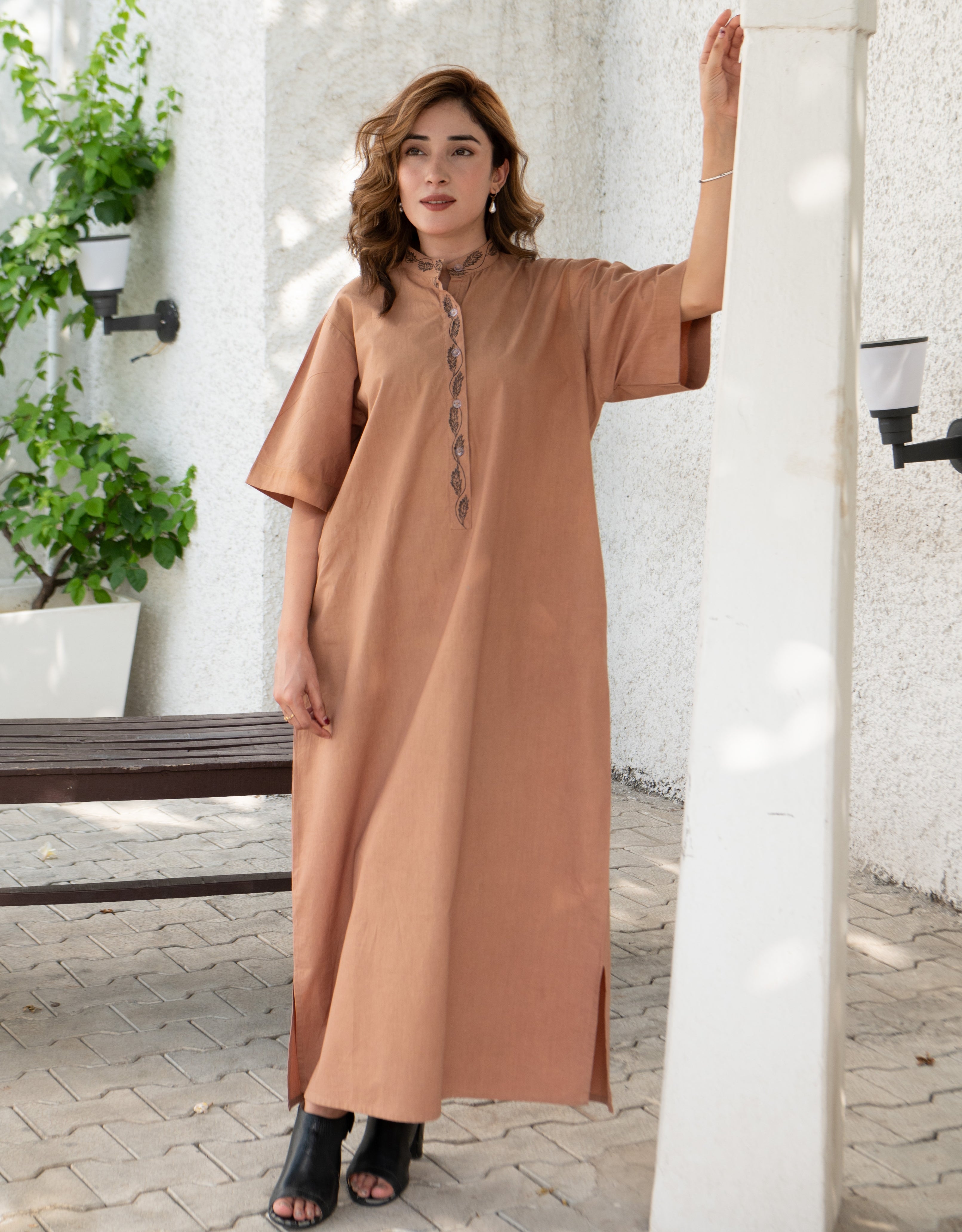 Coffee Caramel Handpainted Straight Cotton Dress