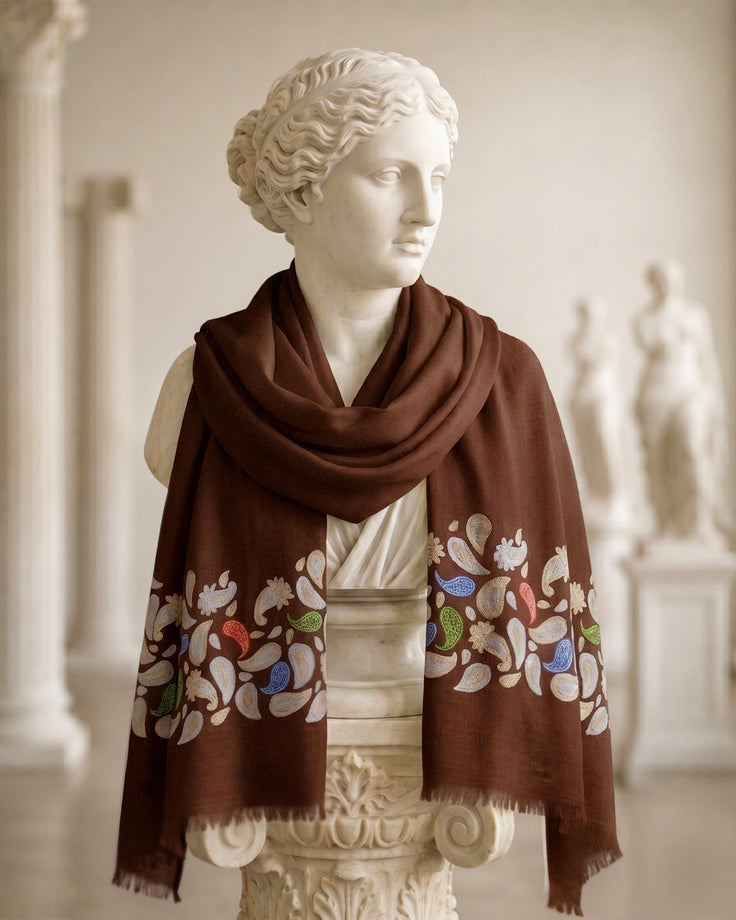 Dark Brown Pure Pashmina Embroidered and Handpainted Scarf