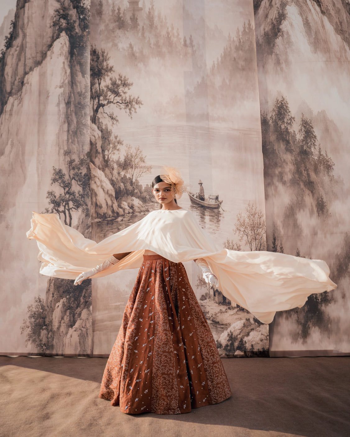 Chocolate Beige Silver Printed & Embroidery Skirt & Cape