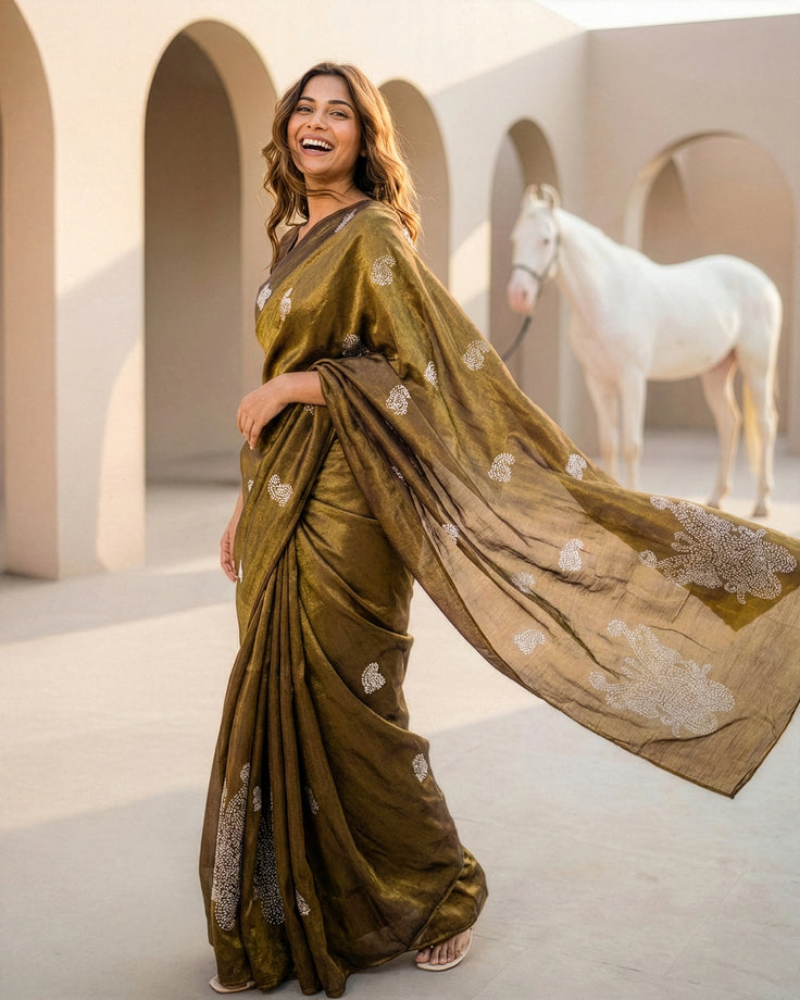 Caramel Gold Real Silver Saree in Tissue Silk