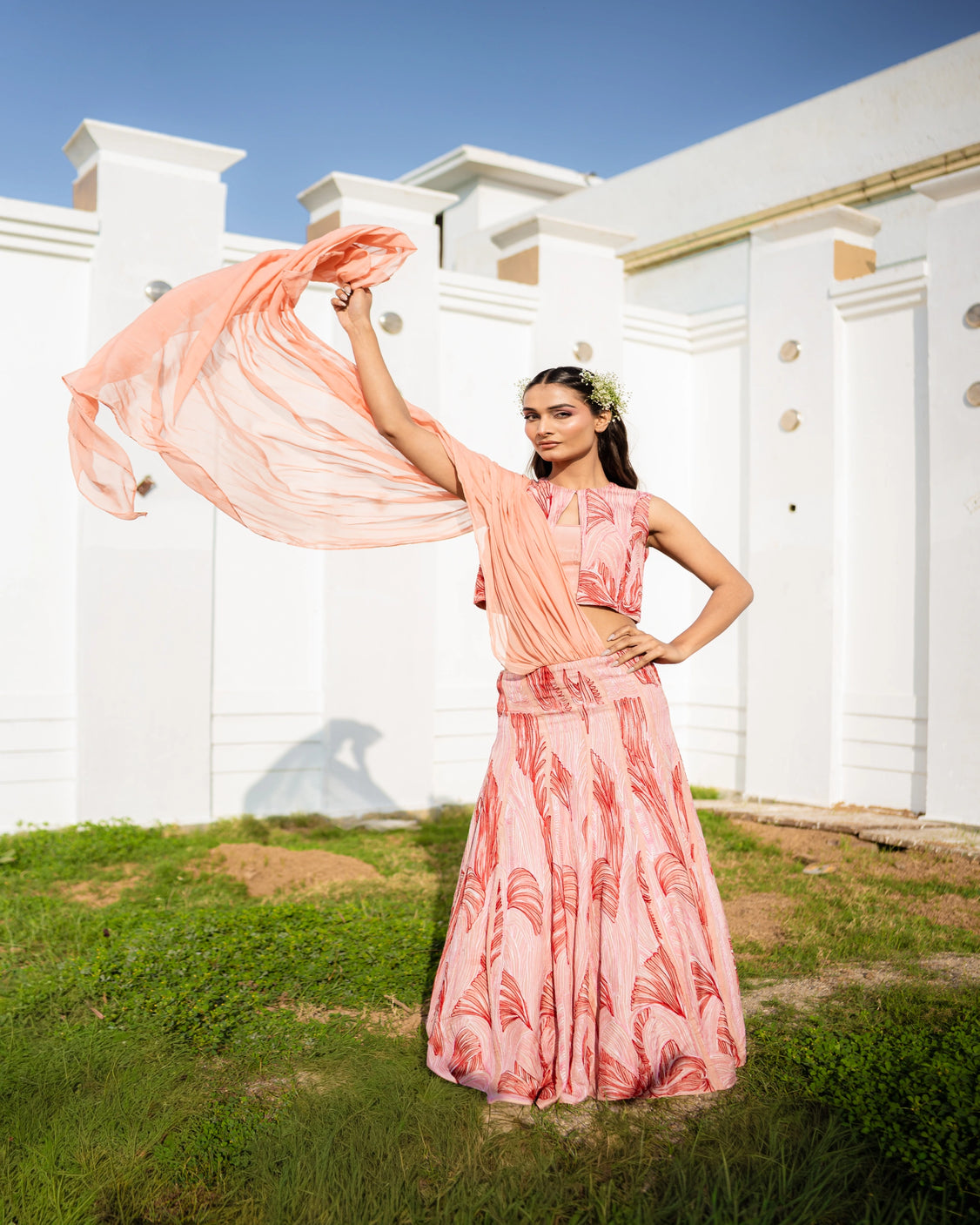 Peachy Embroidery & Handpainted Lehenga Saree Set