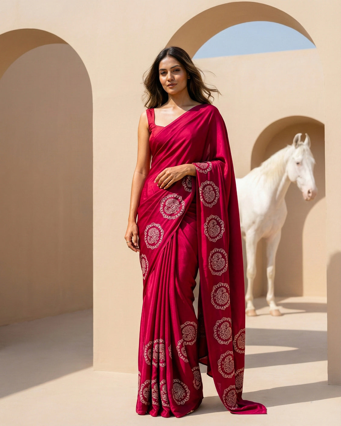 Wine Real Silver Organic Crepe Saree & Pure Pashmina Silver Printed Scarf