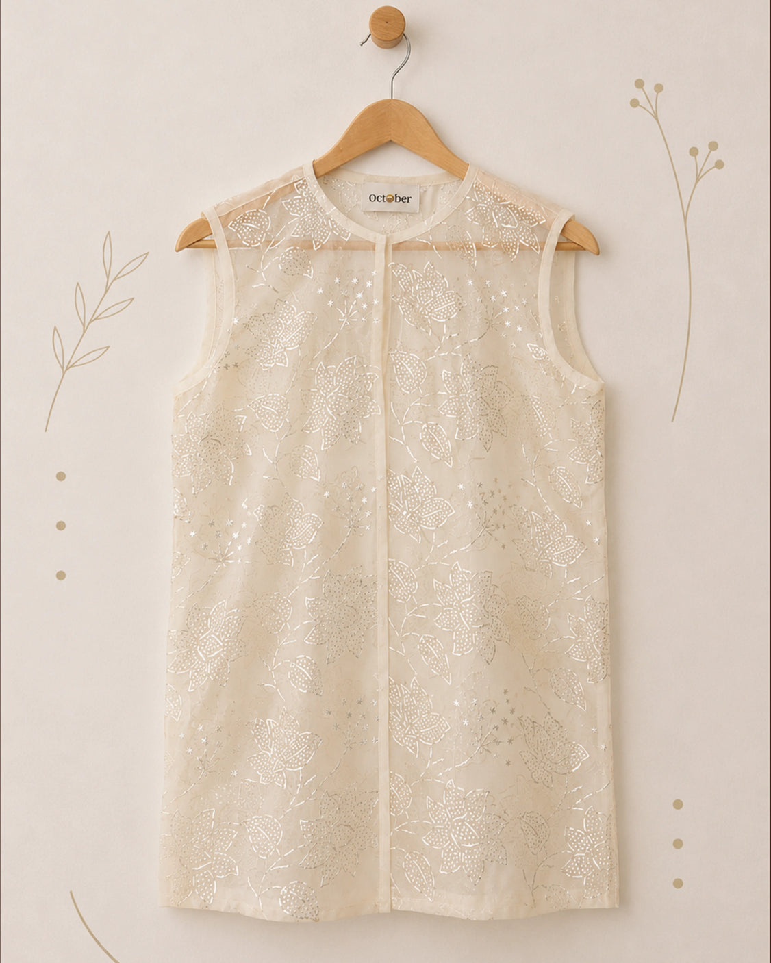 Ivory Real Silver Printed Organza Vest