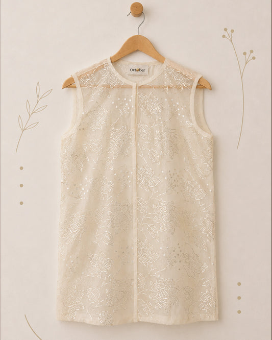Ivory Real Silver Printed Organza Vest
