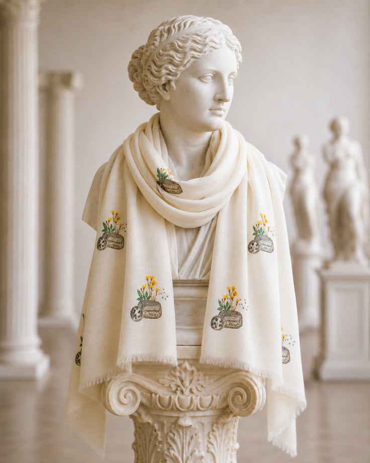 Off White Pure Pashmina Radio Hand Painted Scarf