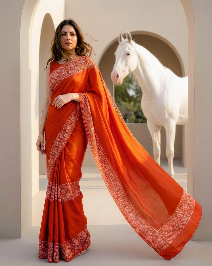 Burnt Organic Crepe Real Silver Saree