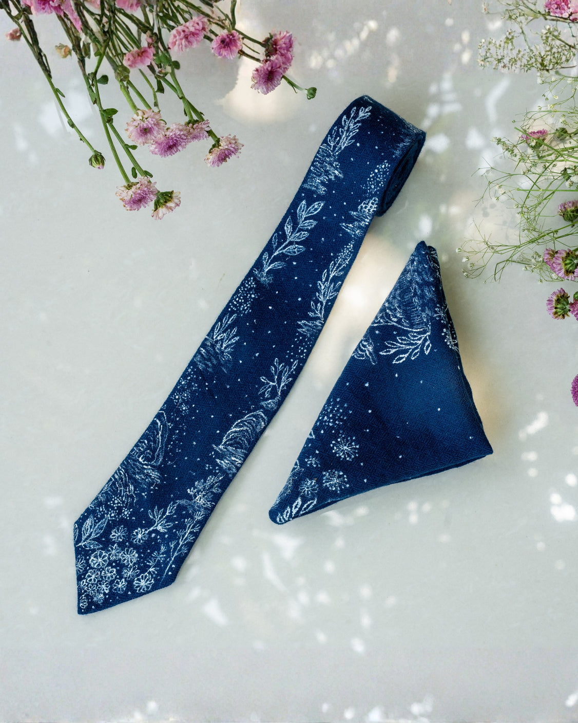 Blue Hand-Painted Chanderi Silk Scarf & Pure Pashmina Tie & Pocket Square Gift Set