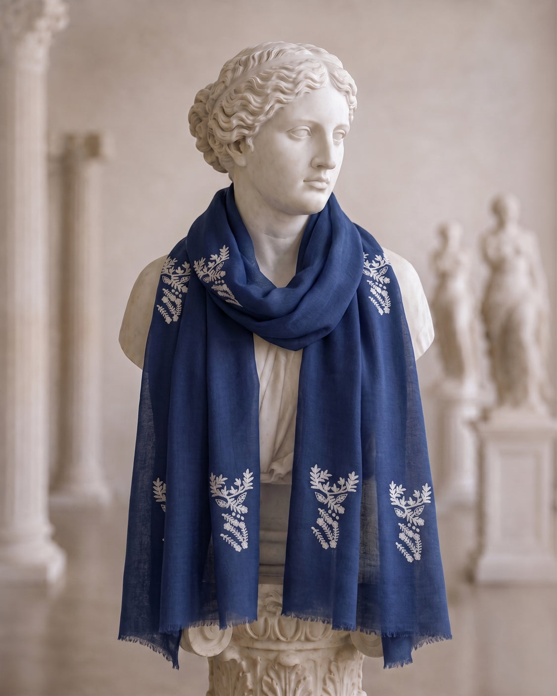 Deer-Head  in thread Embroidered Navy Blue Fine Wool Scarf