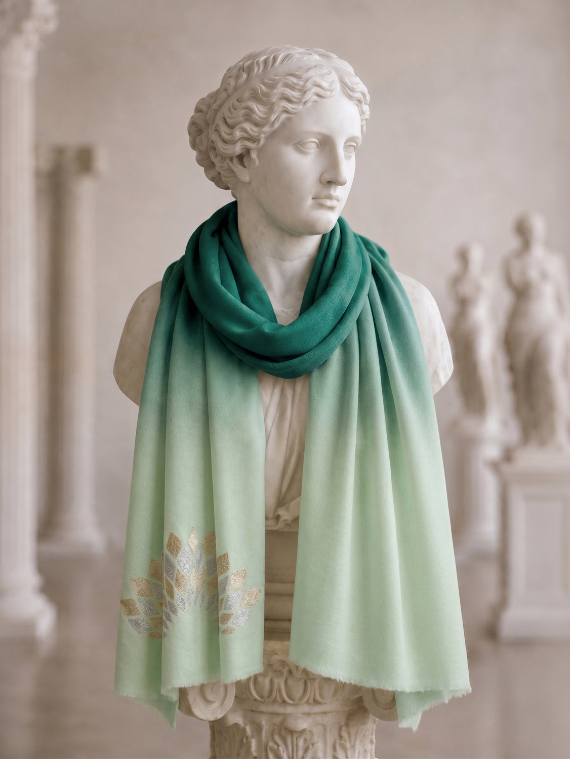 Green Ombre Fine Wool Geometrical Pattern Embroidered Scarf