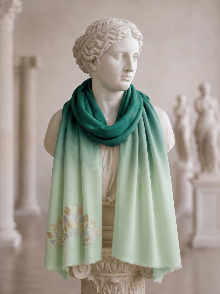 Green Ombre Fine Wool Geometrical Pattern Embroidered Scarf
