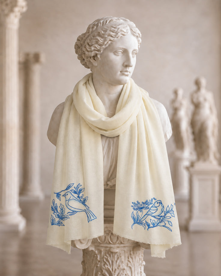Off-White Fine Wool Handpainted & Embroidered Scarf - Birds on the Nest