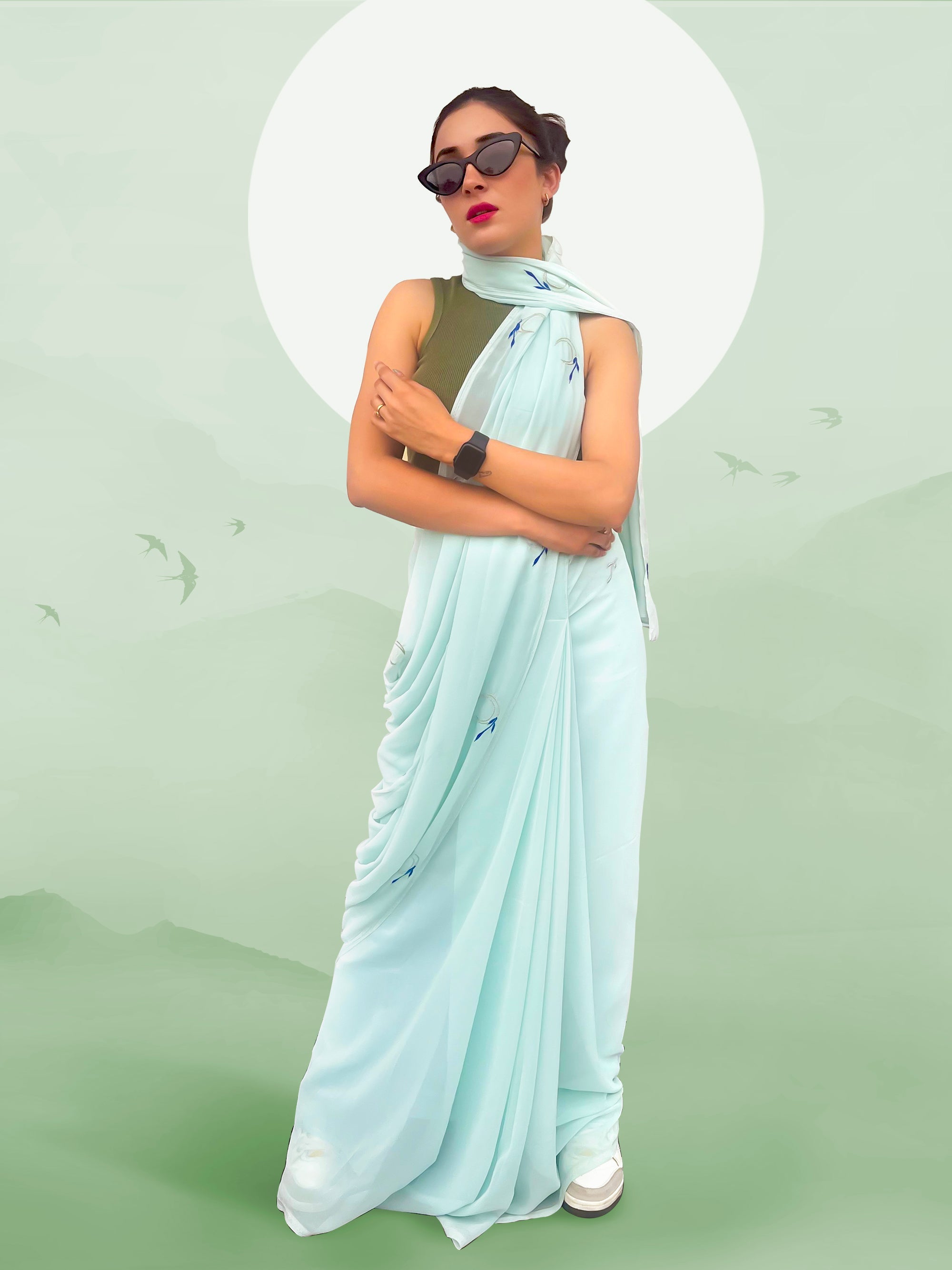 Mint Georgette Embroidered Saree - Moon, Mint & Leaves (October Summers)