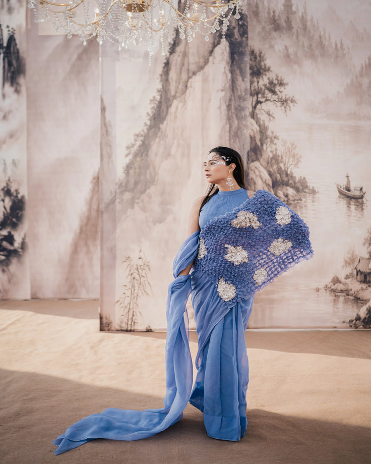 Forst Blue Smocked Silver Printed Organza Saree