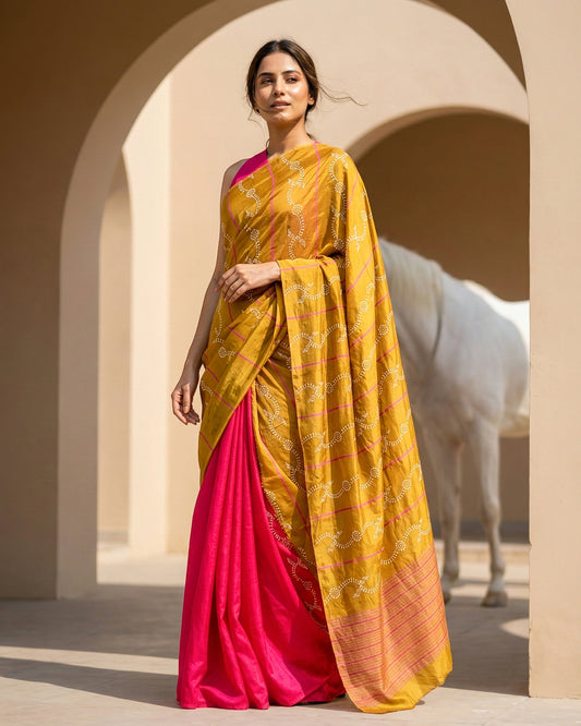 Honey Fuchsia Real Silver Block Print Silk Saree
