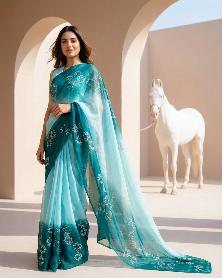 Turquoise Real Silver Organza Saree