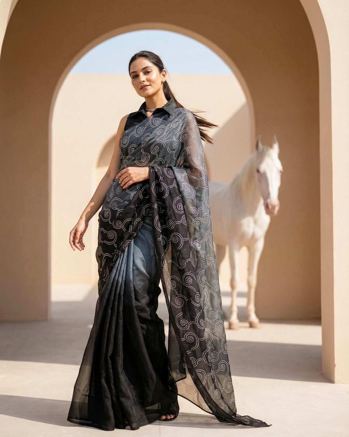Smoke Clouds Real Silver Organza Saree