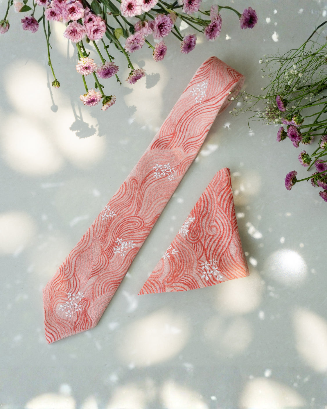 Blush Pink Hand-Painted Chanderi Silk Scarf & Pure Pashmina Tie & Pocket Square Gift Set