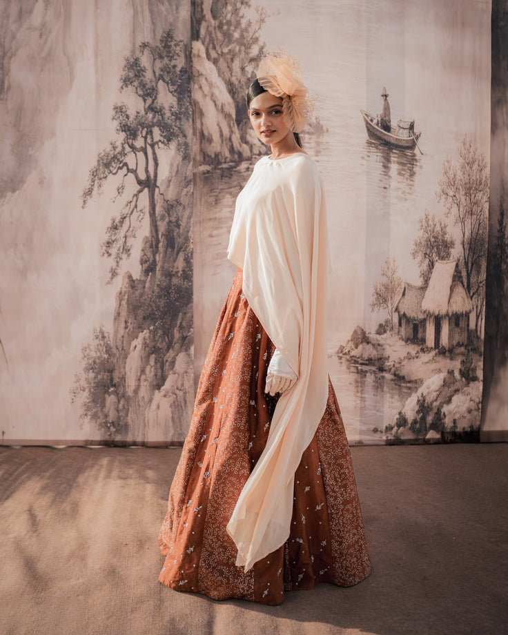 Chocolate Beige Silver Printed & Embroidery Skirt & Cape