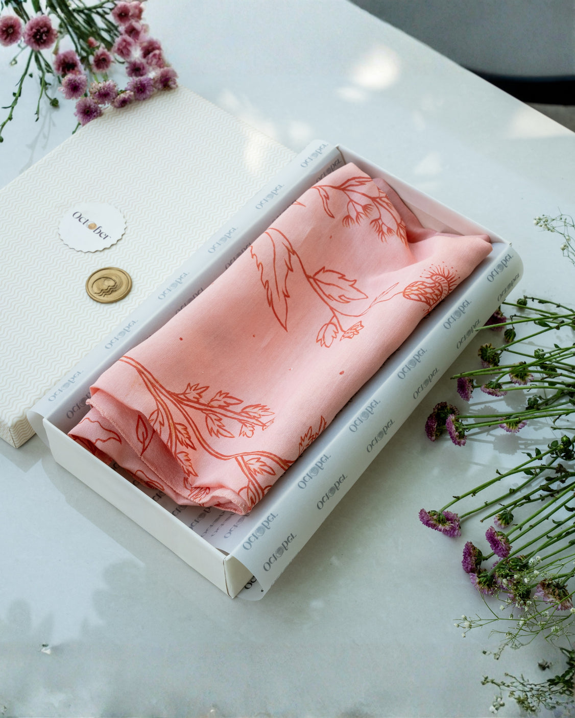 Peach Hand-Painted Chanderi Silk Scarf & Pure Pashmina Tie & Pocket Square Gift Set