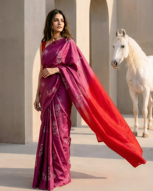 Bougain Villa Real Silver Silk Saree