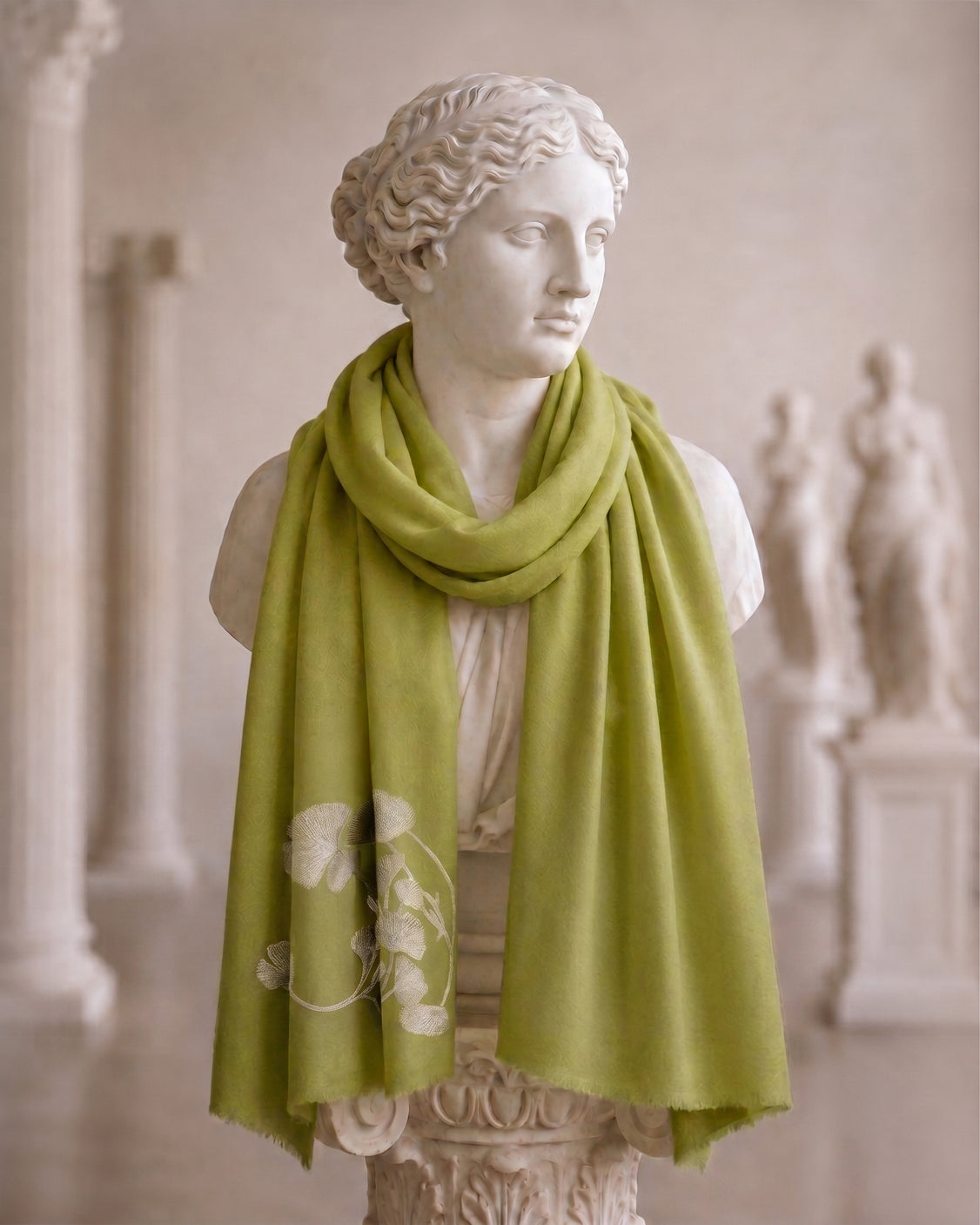 Sea Weed Sage Green Fine Wool Embroidered Scarf