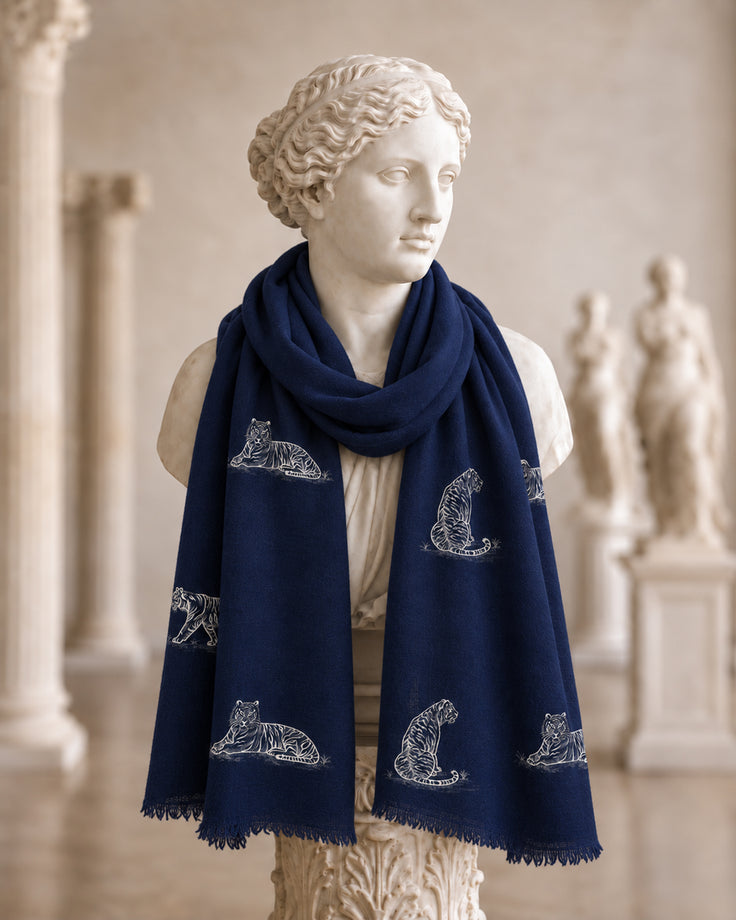 Navy Blue Pure Pashmina Tiger Handpainted Scarf