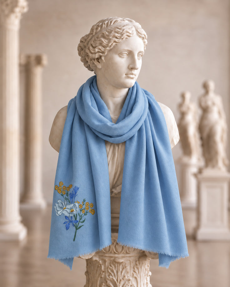 Floral Bunch Ice Blue Fine Wool Handpainted Scarf