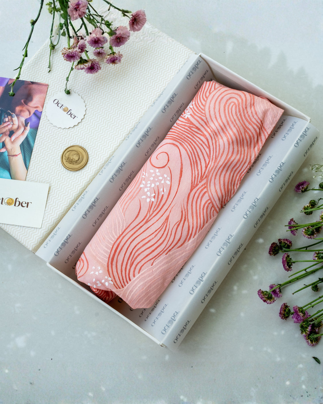 Blush Pink Hand-Painted Chanderi Silk Scarf & Pure Pashmina Tie & Pocket Square Gift Set