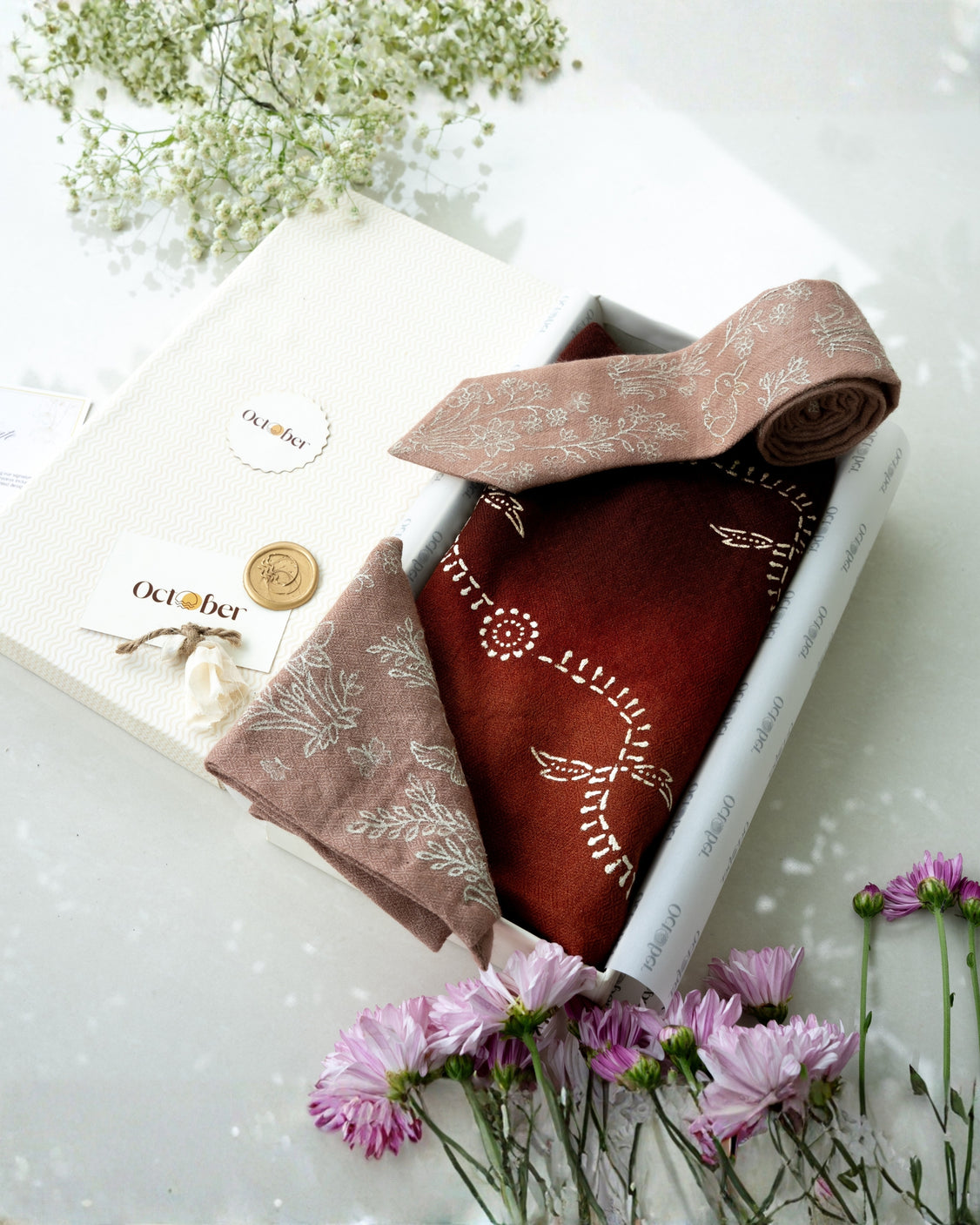 Dusty & Brown Real Silver Printed Scarf & Handpainted Pure Pashmina Tie & Pocket Square Set