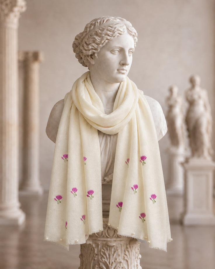 Small Lotus & Pearl Embroidered & Handpainted Fine Wool Scarf