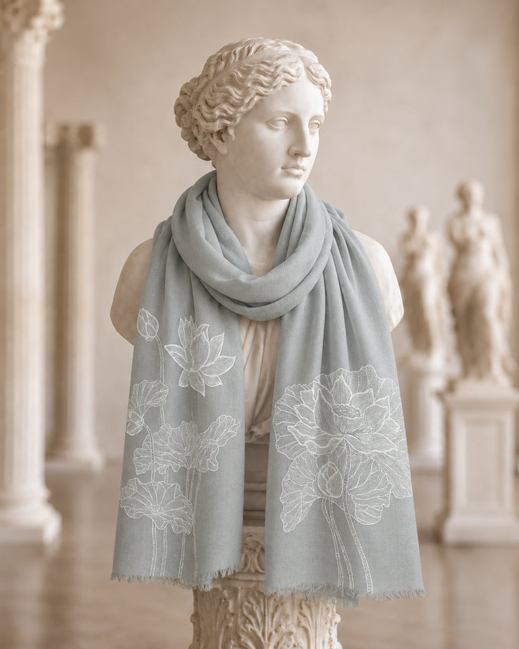 Lotus Pitch Designed Handpainted Heavy Border Pure Pashmina Scarf