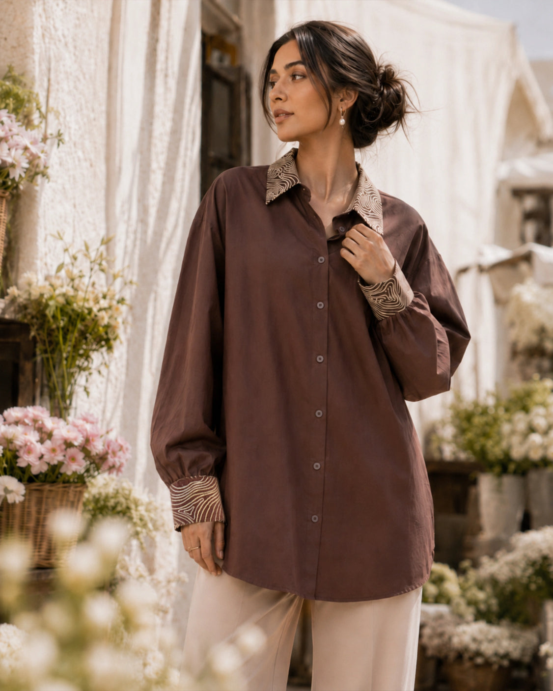 Mocha Wave Handpainted Oversized Cotton Shirt