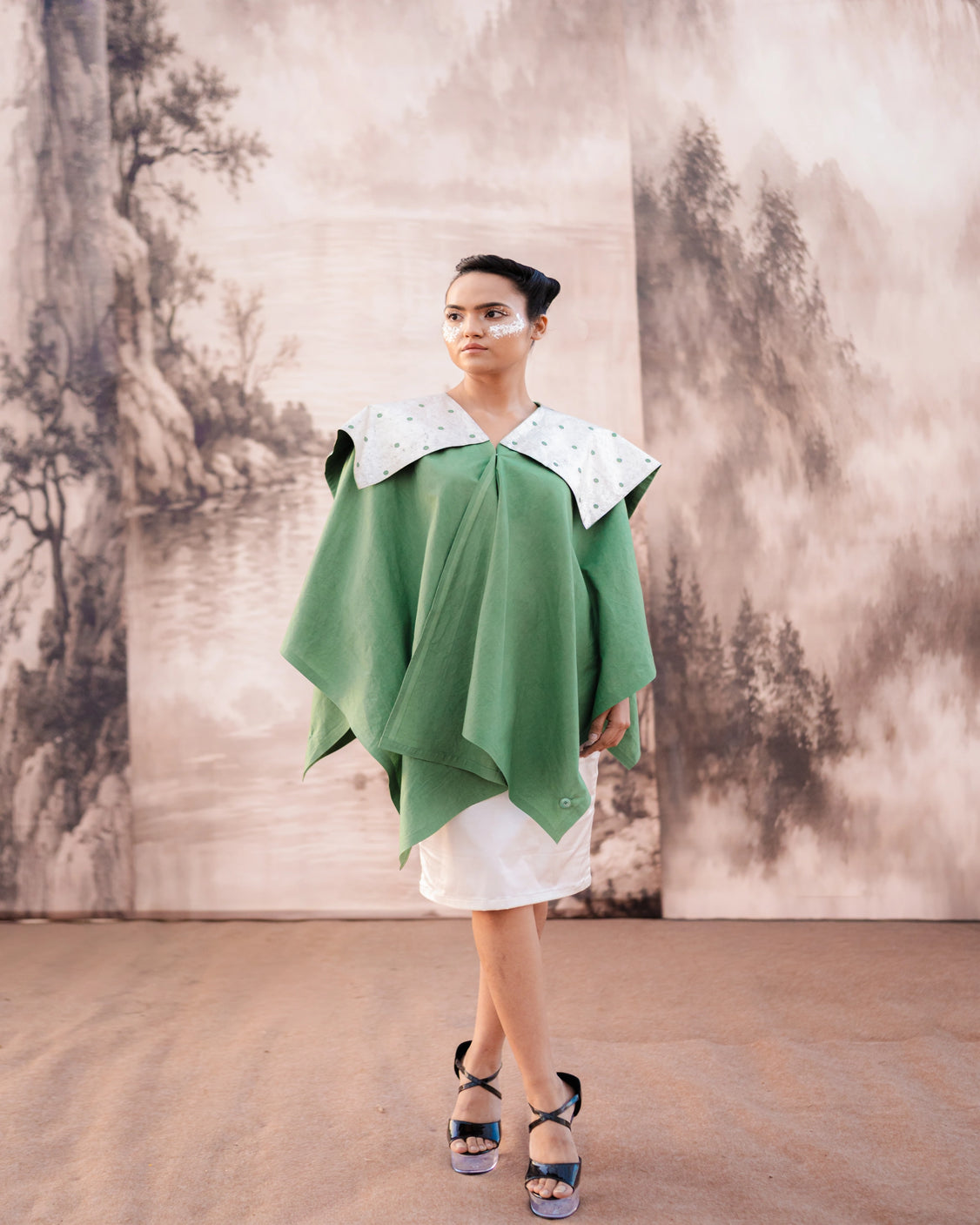 Fern Silver Printed Asymmetrical Cape