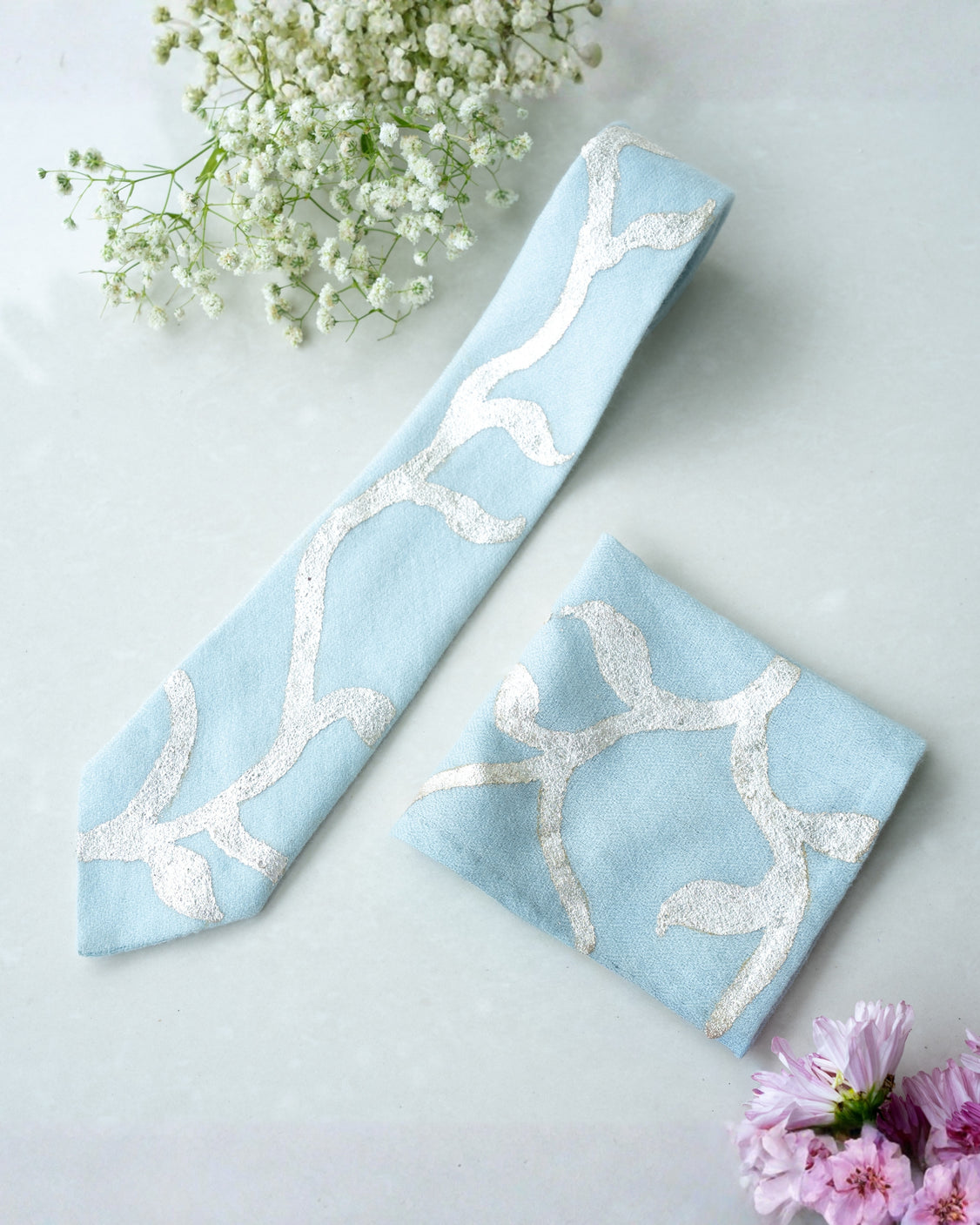 Sky Blue Real Silver Printed Tie & Pocket Square Set