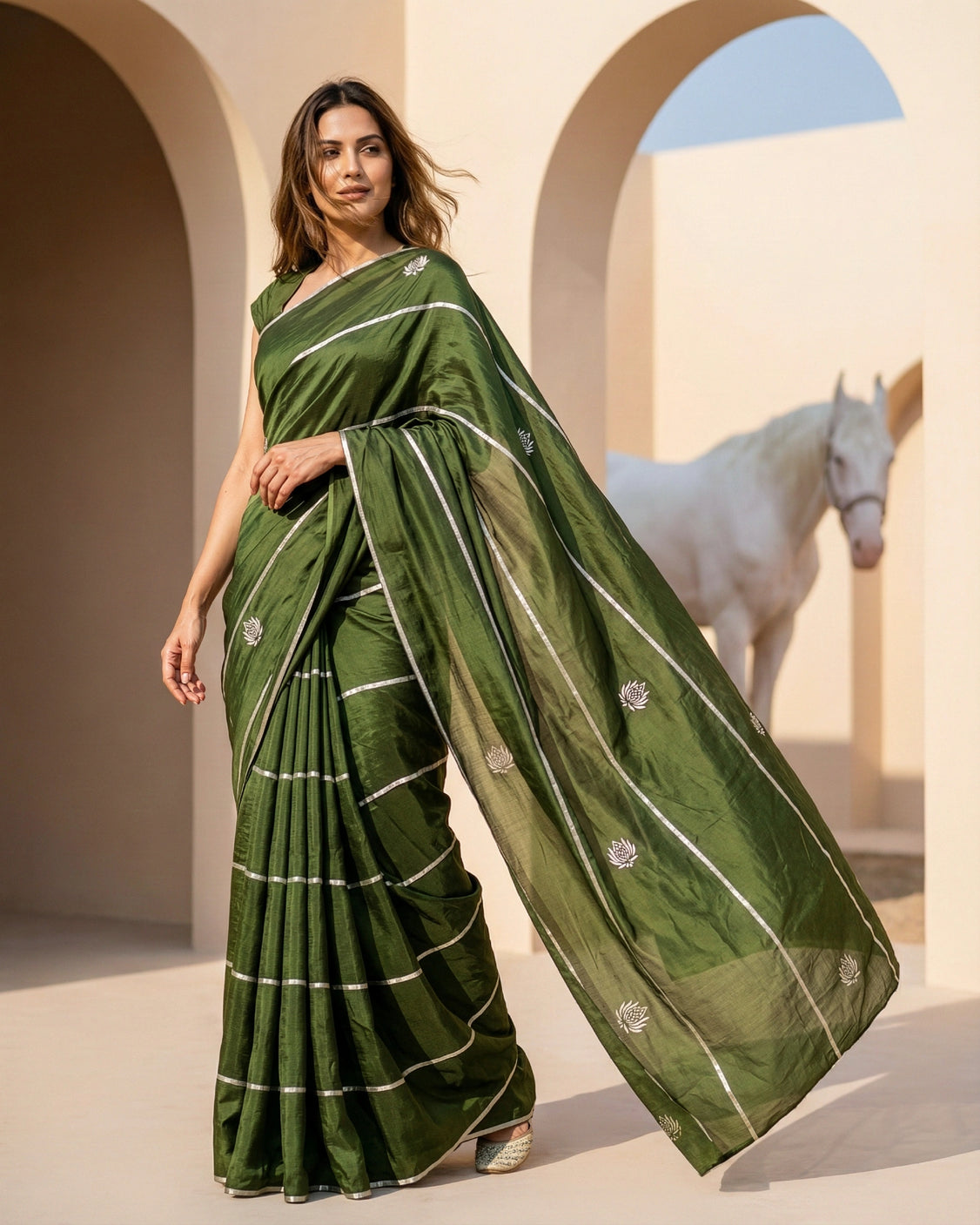 Sage Stripe Real Silver Silk Saree
