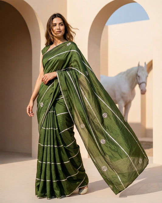 Sage Stripe Real Silver Silk Saree