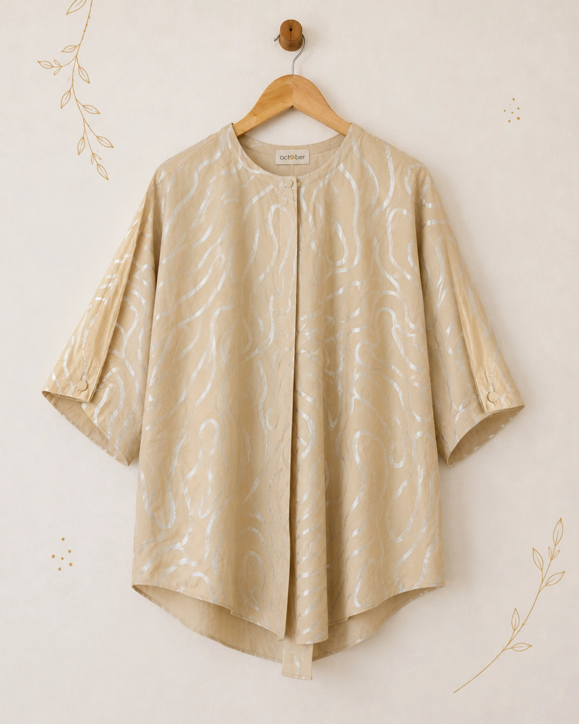 Beige Abstract Wave Silver Printed Cotton Shirt