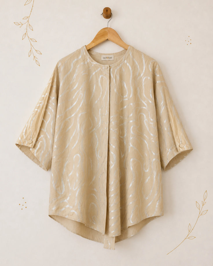 Beige Abstract Wave Silver Printed Cotton Shirt