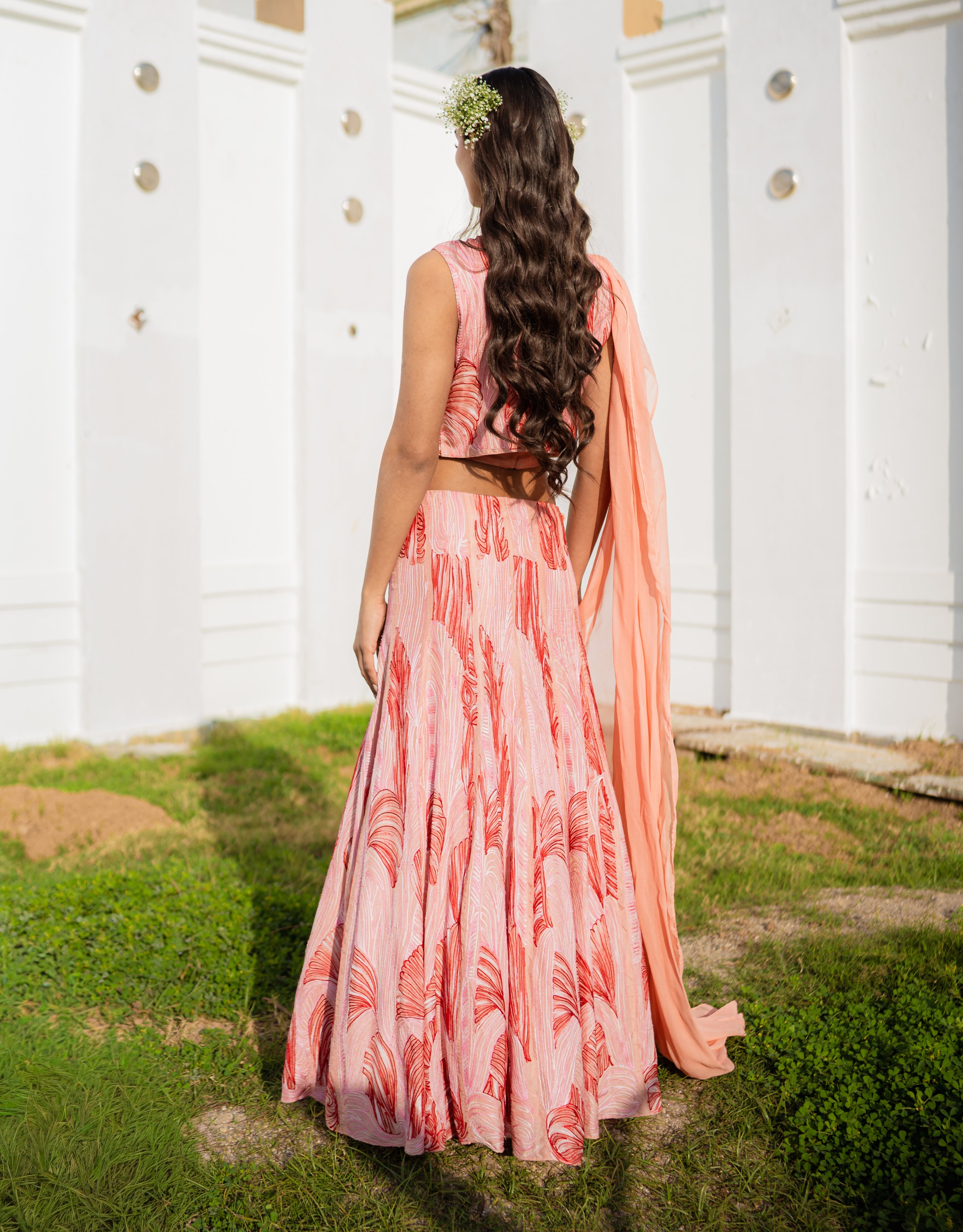 Peachy Embroidery & Handpainted Lehenga Saree Set