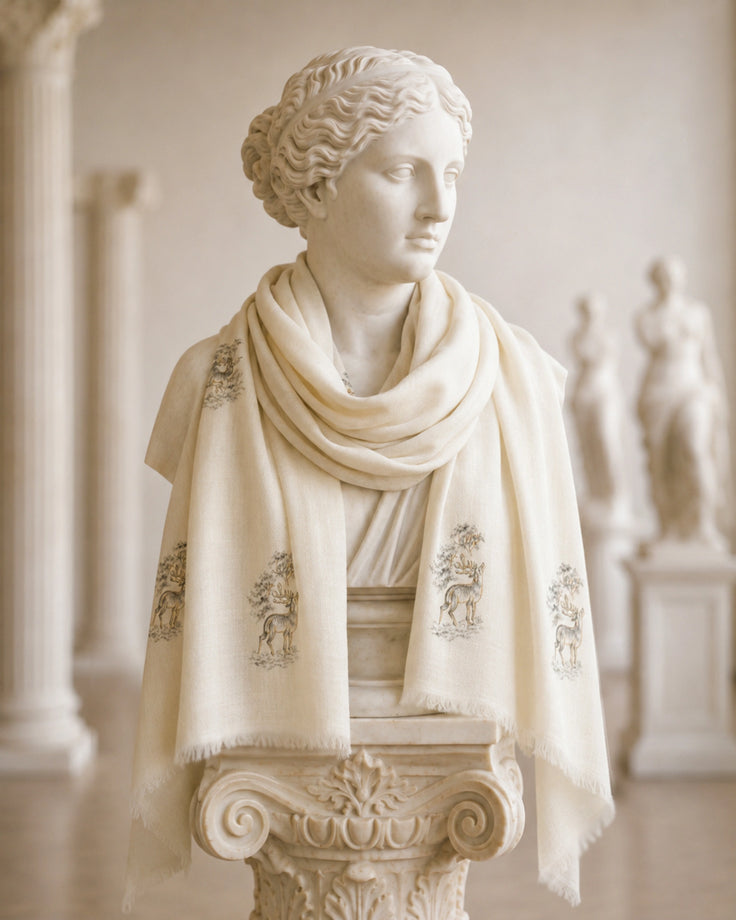 Off White Pure Pashmina Hand-Painted Scarf - Reining Rein Deer